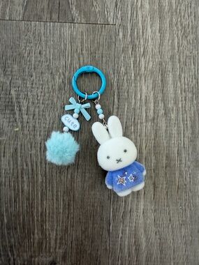 miffy Blue & White Bunny Plush Keychain with Pom and Charm
